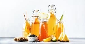 Homemade probiotic superfood tea, keto diet drink, tepache, cider, kvass, ginger ale