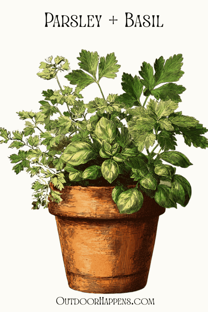 Parsley and basil growing together in a pot