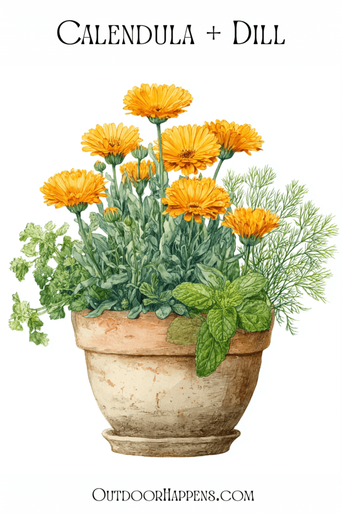 calendula plants and dill plants growing together