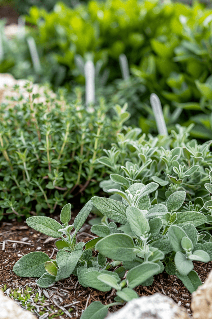 herb garden with oregano, thyme, and sage growing together