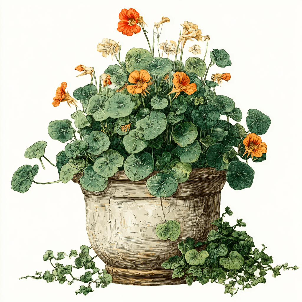 terracotta pot with lush mint and nasturtium with orange flowers growing together