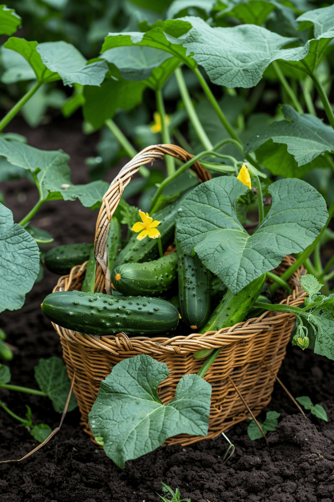 Bush pickle cucumber plant with wicker basket and cucumber harvest