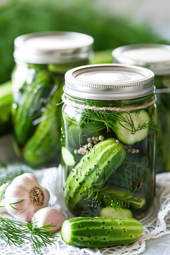 glass jars filled with homemade pickled cucumbers, Boston Pickling cucumber variety
