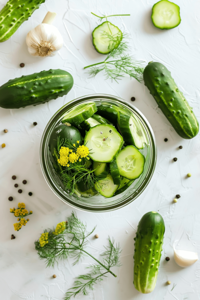 overhead view of fresh Calypso cucumbers and open glass jar partially filled with cucumbers, dill flowers, garlic bulbs, and brining spices scattered around on a rustic white kitchen table farmhouse kitchen