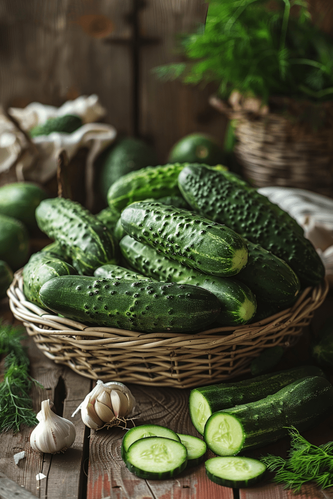 wooden table, basket of freshly harvested Regal cucumbers for pickling