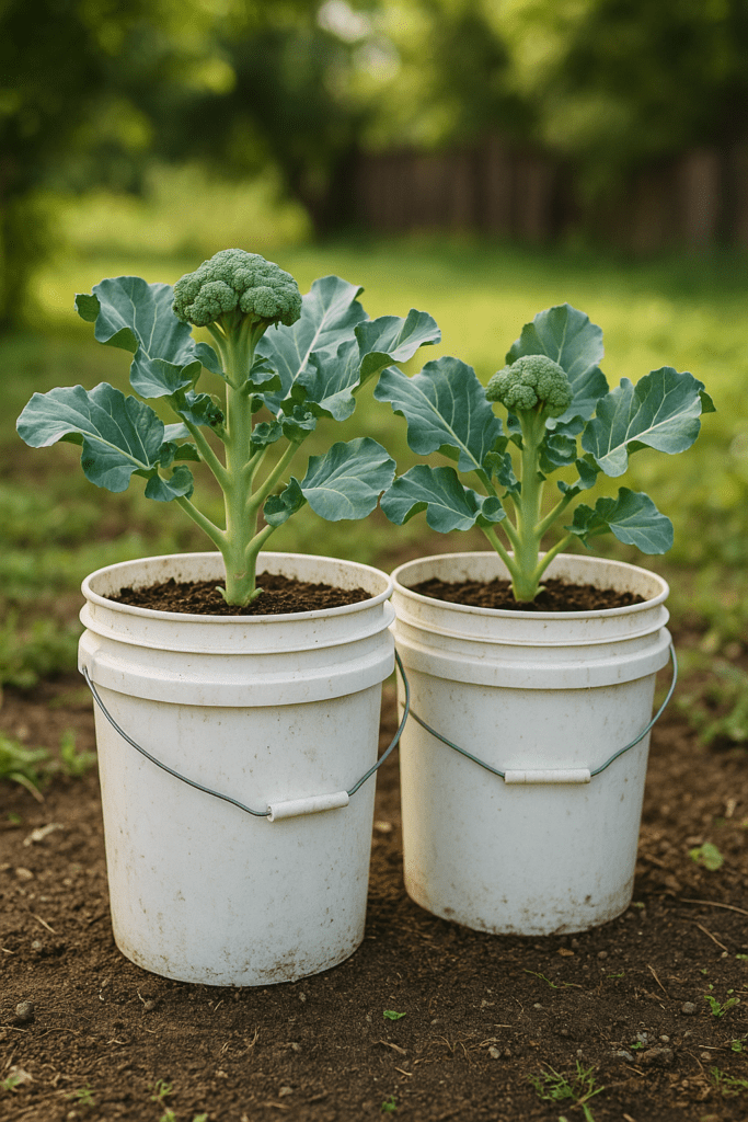 Broccoli plants in white plastic bucket garden