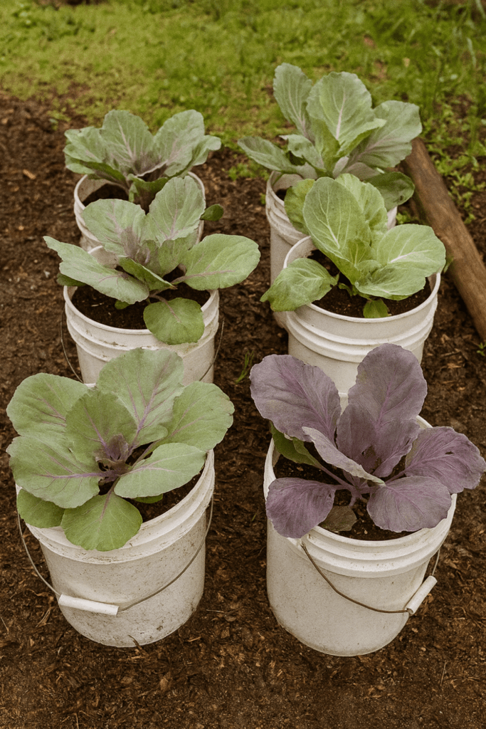 Green and red cabbage plants growing in 5 gallon buckets, vegetable bucket gardening