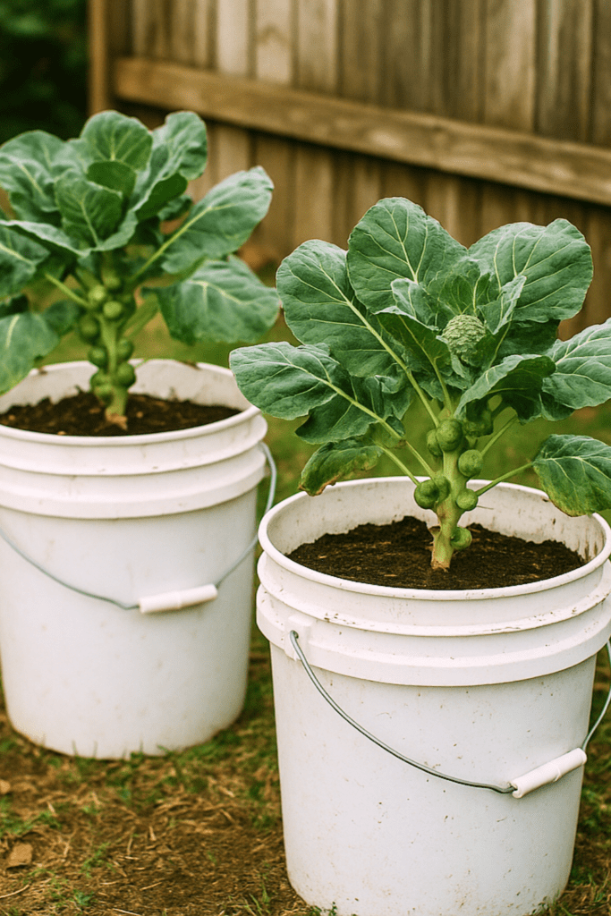 Brussels sprouts in white plastic 5 gallon buckets - bucket gardening