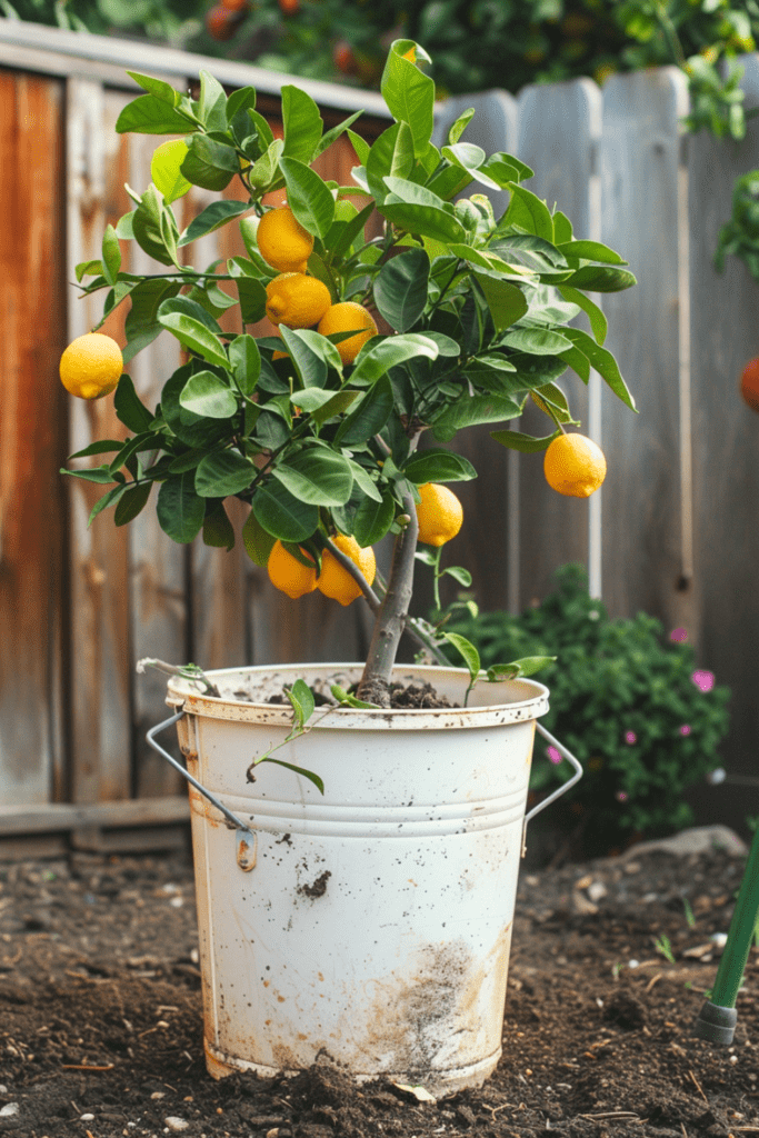 dwarf lemon tree growing in a tall straight-sided white plastic 5-gallon painter’s bucket with metal handle, backyard homestead