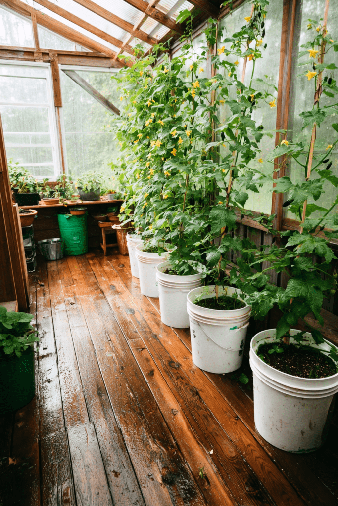 Cucumber plants with yellow blossoms growing in a 5 gallon bucket garden inside a greenhouse, supported by cages and surrounded by other veggies in white plastic buckets. A perfect example of bucket gardening ideas for backyard vegetable gardens and small-space food gardens.