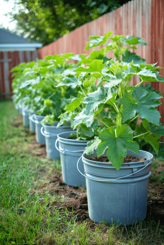 Okra plants growing in 5 gallon buckets garden