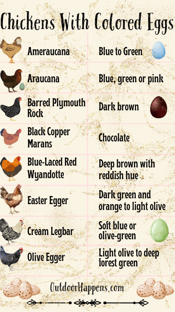 Chickens With Colored Eggs Chart Including Ameraucana, araucana, black copper marans, and blue-laced red Wyandotte.