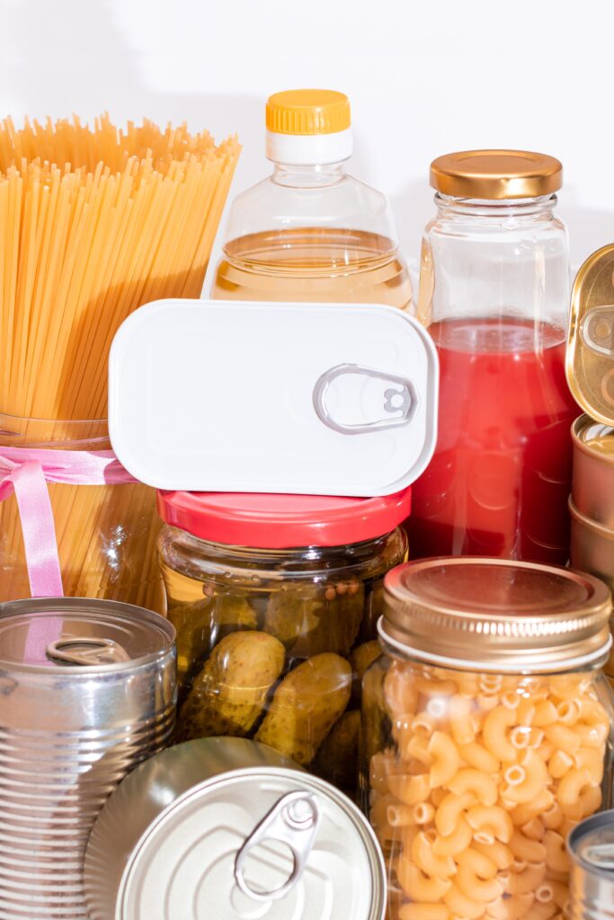 Food Reserves: Canned Food, Spaghetti, Pate, Tuna, Tomato Juice, Pasta, Fish and Grocery. Emergency Food Storage in Case of Crisis. Strategic Food Supplies