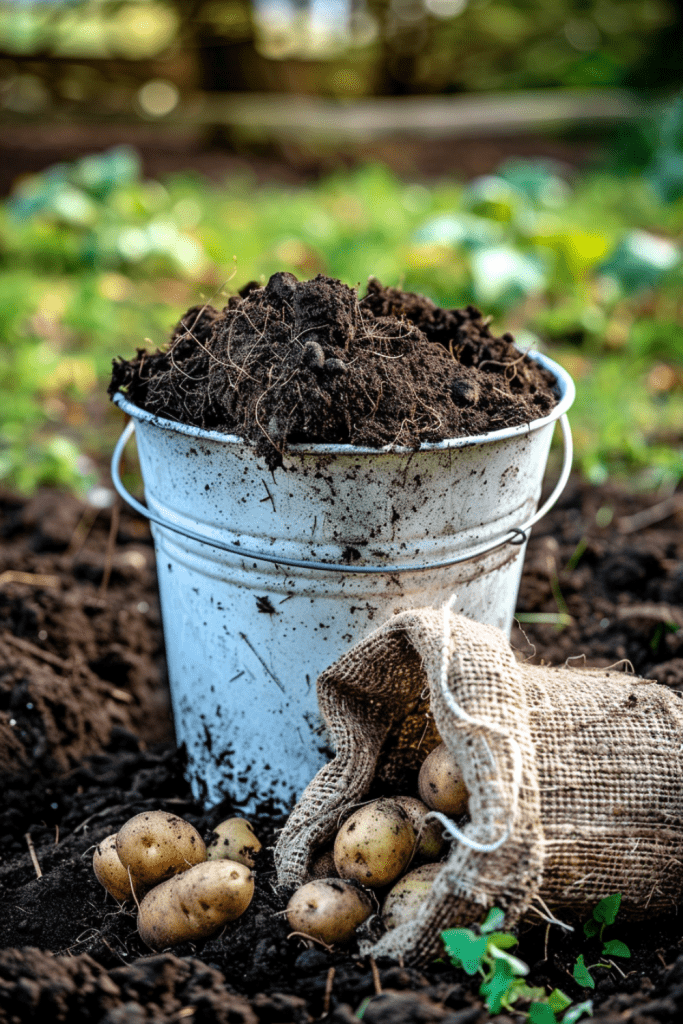 Planting some delicious potatoes in buckets.