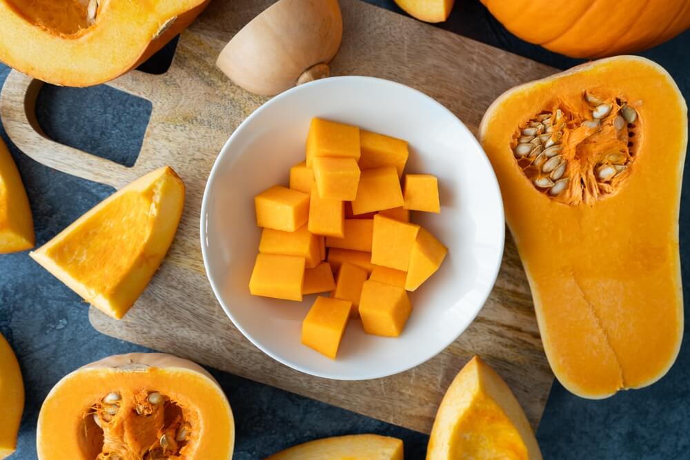 Fresh butternut squash gourds sliced into yummy cubes.