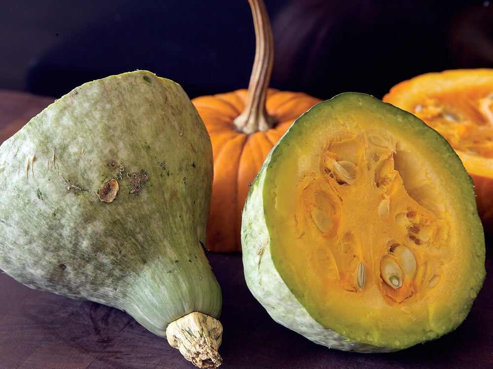 Slicing a yummy Hubbard squash and scooping out seeds.
