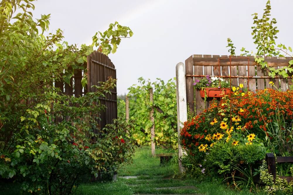 Beautiful garden design with authentic wooden gate entrance.