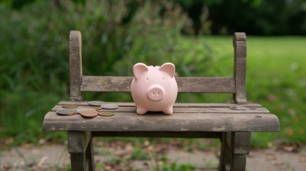 A lovely pastel piggy bank with coins sitting atop a rustic wooden bench in a peaceful park.