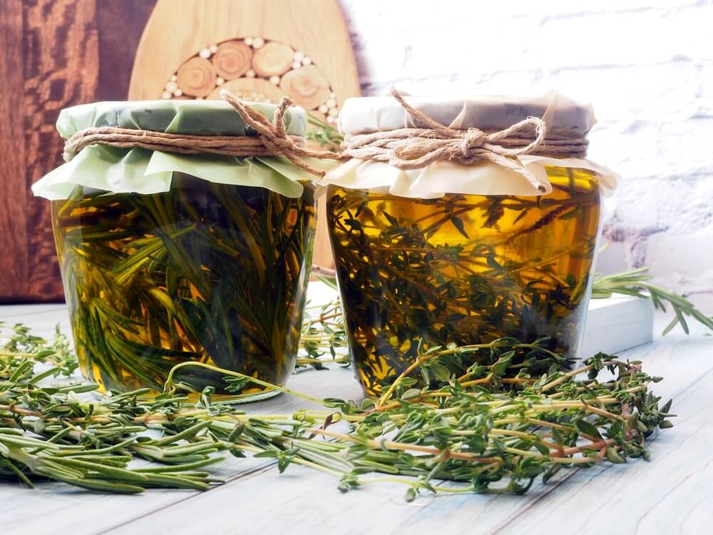 Delicious homemade olive oil infused with thyme and rosemary.
