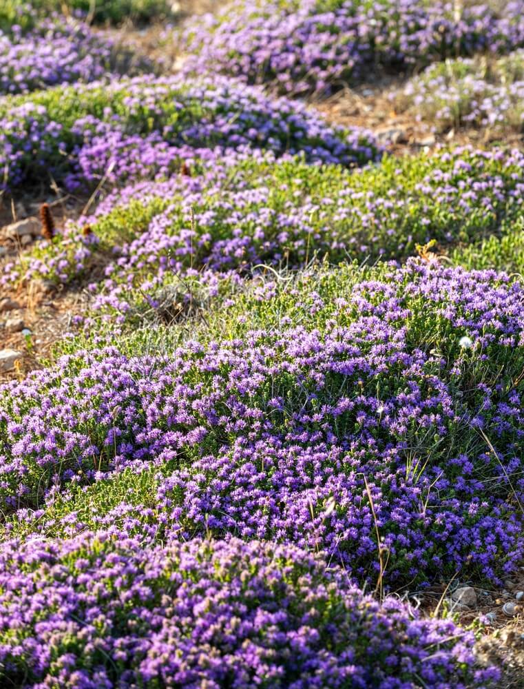 Gorgeous wild thyme with lovely purple flowers growing on the ground.