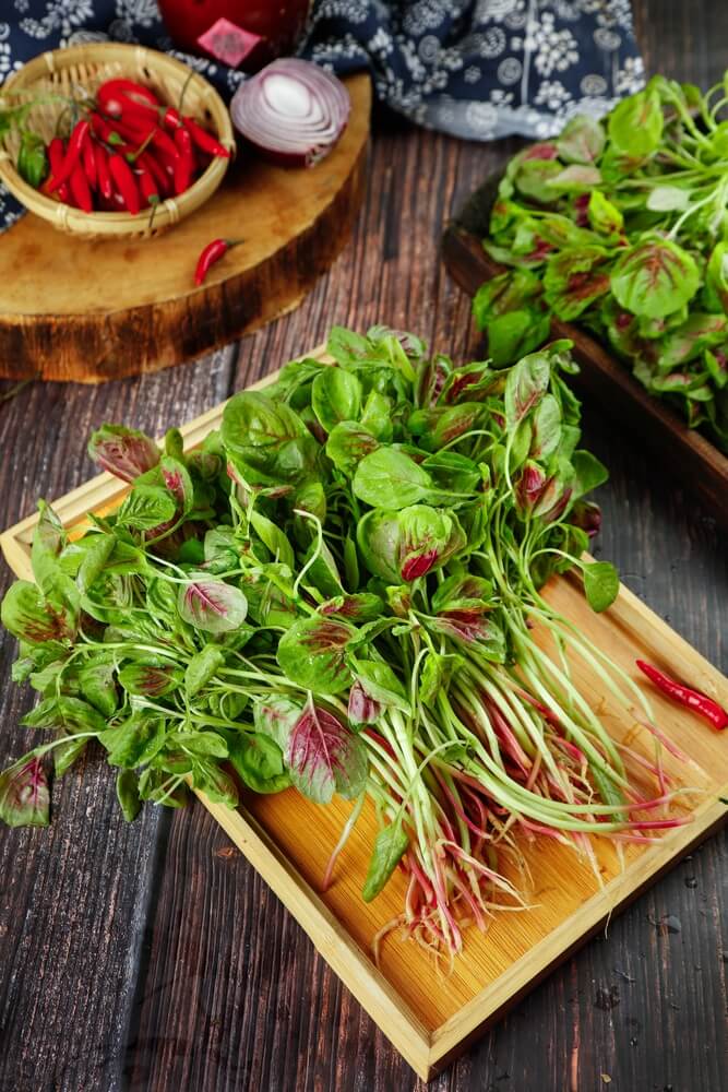 Fresh red amaranth greens with vibrant leaves are on a wooden cutting board, suitable for organic cooking.